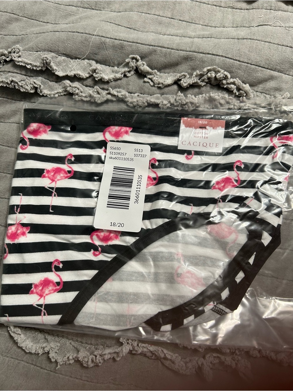 Cacique Black & White Stripe Briefs with Pink Flamingos